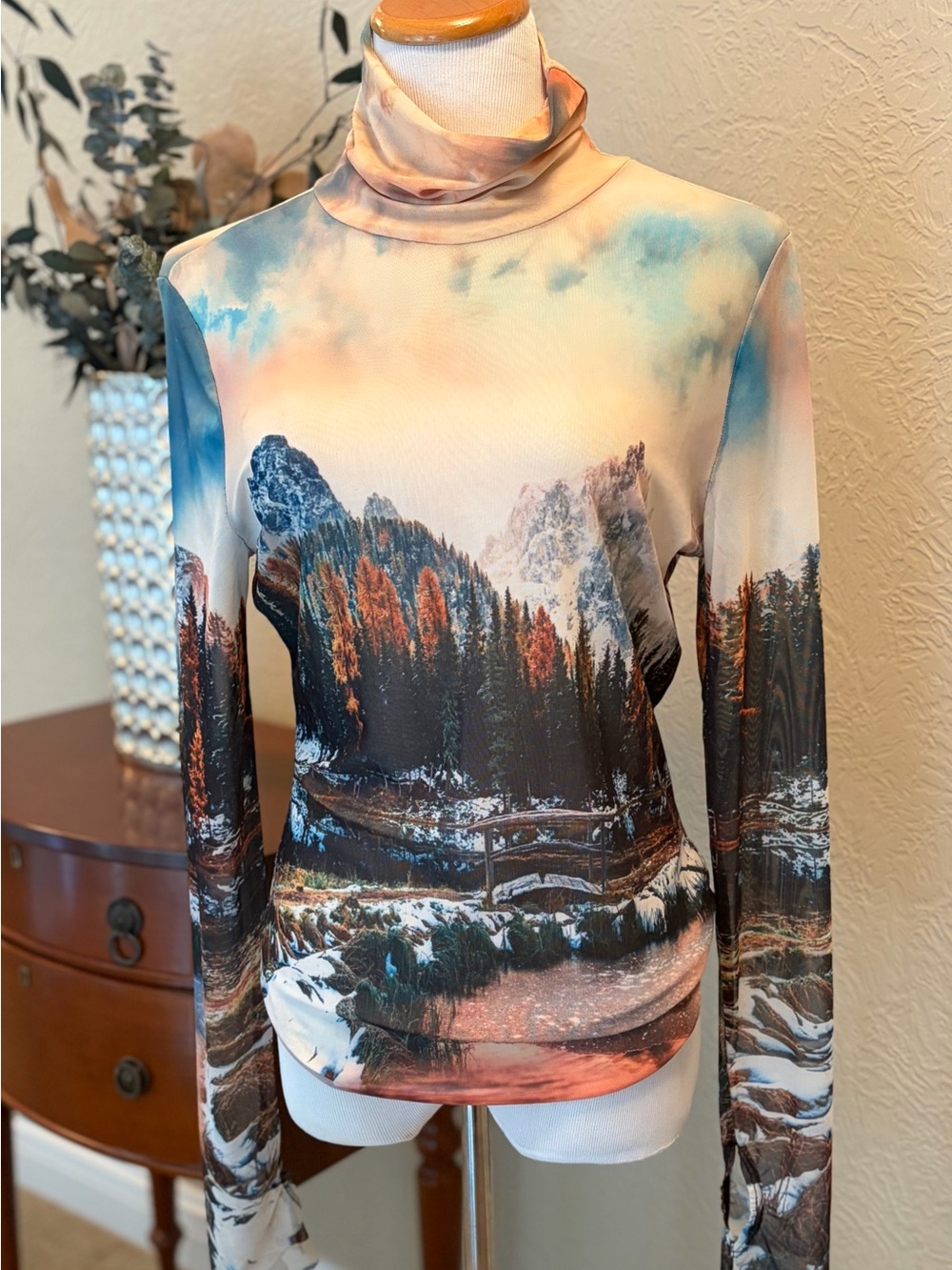 AFRM Scenic Landscape Turtleneck Top - Peach, Blue, Brown